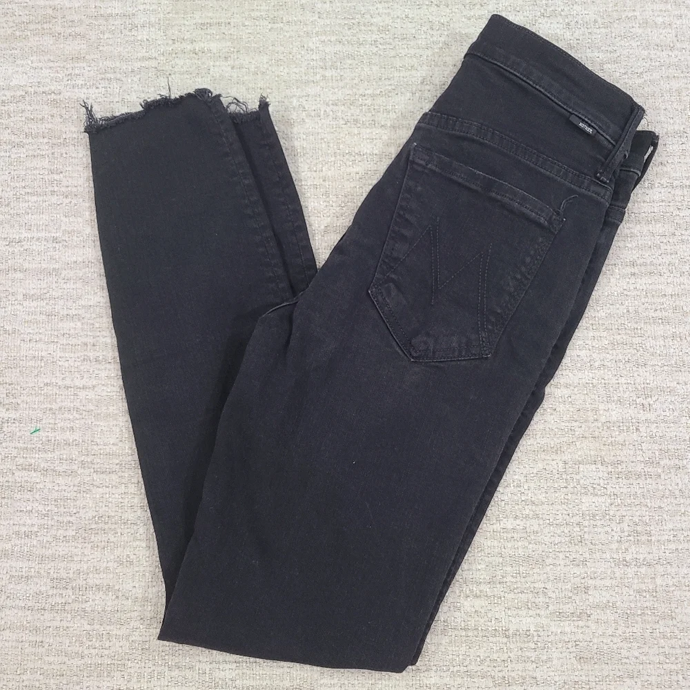 MOTHER The Stunner Ankle Step Fray Jeans Black 26 Skinny Slim Denim